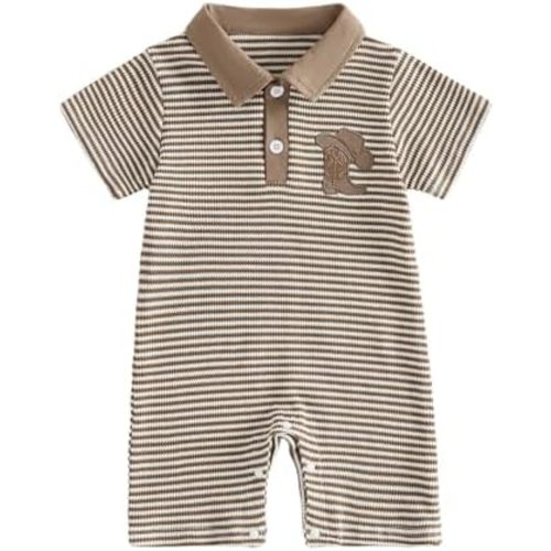 Newborn Outfits Baby Boy Clothes Summer Short Sleeve Waffle Knit Collared Sailboat Embroidery Romper Jumpsuit