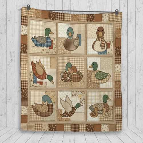 Quilt Blanket: Mallard Duck Illustrations, Neutral Brown Plaid