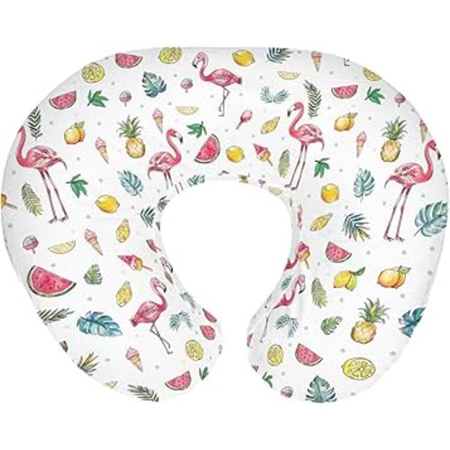 Pink Flamingo Tropical Flowers Leaves Baby Nursing Pillow Covers for Boy Girl Summer Birds Fruits Nursery Pillowcase for Breastfeeding Pillows Boho Beach Vacation Soft Stretchy Slipcovers for Newborn