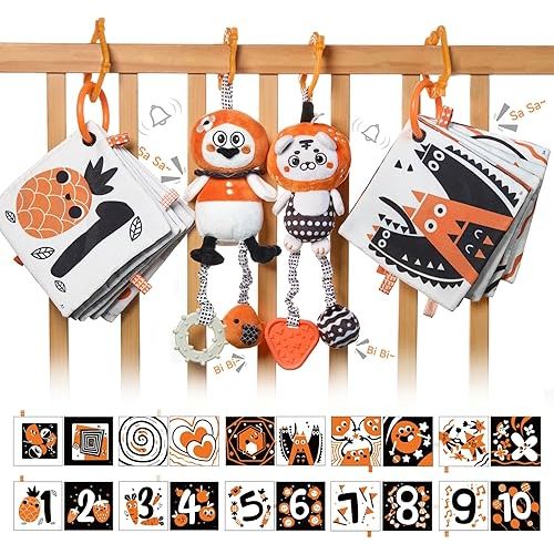 TUMAMA KIDS Hanging Toys for Baby Gym, Black and White Baby Toys, High Contrast Rattle Toy & Soft Book Set,Car Seat Toys for Babies,Early Educational Toys for Infant Babies 0 3 6 9 12 Month