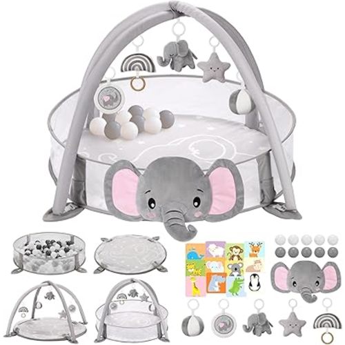 7-in-1 XL Large Baby Play Gym Mat, Tummy Time Mat, Baby Gym & Ball Pit, Baby Activity Mat with Milestone Cards & 6 Detachable Toys for Sensory Motor Skill, Elephant
