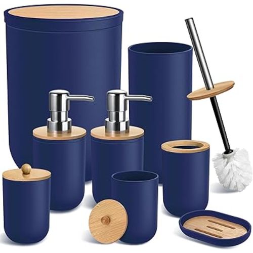 Blue Bathroom Accessories Set, 8 Pack Navy Blue Bathroom Decor Accessory Sets Complete with Trash Can, Bamboo Bath Soap Dispenser Toothbrush Holder Set Toilet Brush Qtip Holders Soap Dish