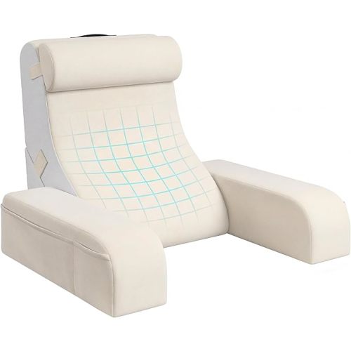 Homkdom Reading Pillow for Sitting in Bed Adult, 22" Back Pillow for Bed Sitting up with Armrests & Storage Pockets, Ergonomic Wedge Pillow for Watching TV, Gaming, Working, Recovery, 5PCS, Beige