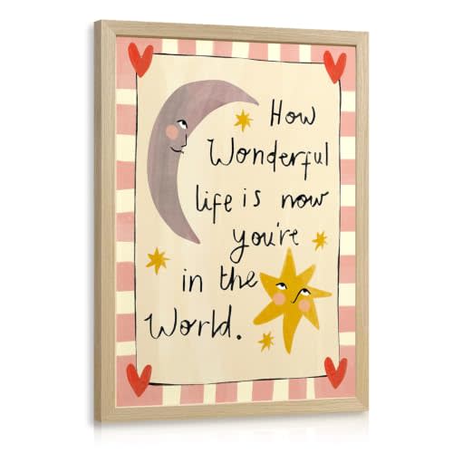 VziizV Inspirational Nursery Wall Art, How Wonderful Life Is Now You're In The World Decor, Cute Moon and Star Print, Colorful Motivational Quote Artwork for Kids Room Bedroom Wood Framed 12x16 Inch