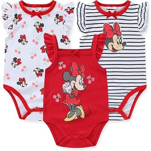 Disney Minnie Mouse Baby Girls 3 Pack Bodysuit for Newborn and Infant