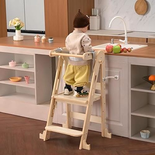 Kids Kitchen Step Stool, Foldable Toddler Tower, Height Adjustable Toddler Standing Tower with Safty Rail and Anti-Slip Device, Wooden Stool for 1.5-6 Years(Nature-Wood)
