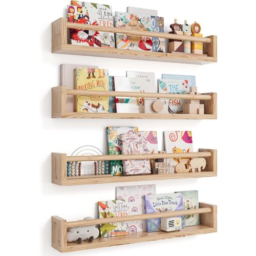 Nursery Wall Bookshelf Set of 4, Floating Bookshelves for Kids' Rooms, Toddler Bedroom Decor, Nursery (Wood, 23 Inches)