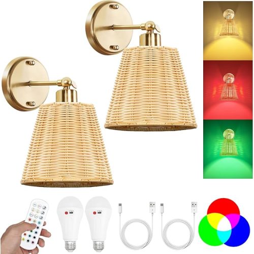 Frideko Rattan Rechargeable Battery Operated Wall Sconces Set of Two with Remote, 3 Colors Dimmable Wireless Wall Light, 5200mAh Indoor Wall Lamp with 4 Timer, Boho Sconces Wall Lighting for Bedroom