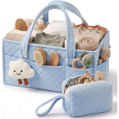 Baby Diaper Caddy Organizer, Baby Basket Shower Gift, Portable Changing Table Basket, Postpartum Caddy & Tote Bag Pouch, Newborn Boy & Girl Nursery Essentials Registry, Car Diaper Organizer