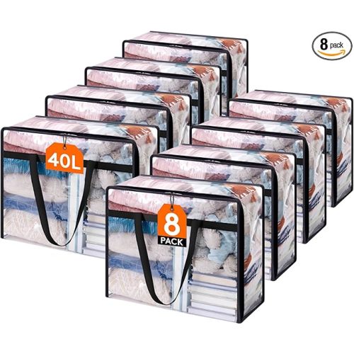 Lifewit 8 Pack Clear Clothes Storage Bags, 40L Plastic Blanket Storage Bag, Vinyl Foldable Moving Bags with Zipper, Closet Organizers and Storage Containers for Bedding, Duvet, Comforter