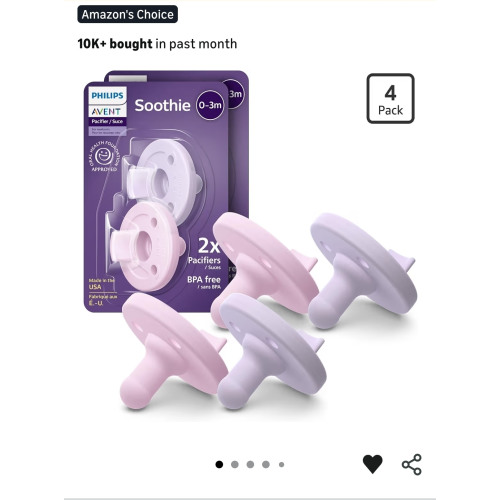 Philips Avent Soothie Baby Pacifiers - 100% Silicone Pacifiers for Babies 0-3 Months, One-piece Design, BPA-Free, Extra Durable, Lilac and Pink, 4 Pack, Model SCF190/70