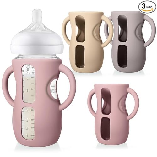 Juome Silicone Sleeves with Handles for Avent Natural Glass Baby Bottles - 3 Pack Anti Breakage Baby Bottle Holder for Philips Avent Glass Baby Bottle, Compatible with Phillips Avent Bottles 8 oz