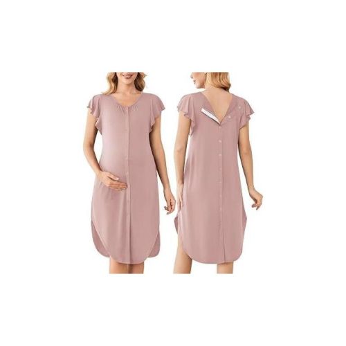 Ekouaer Labor and Delivery Gown 3 in 1 Nursing/Hospital/Breastfeeding/Maternity Flying Short Sleeve Nightgown with Button Mauve L