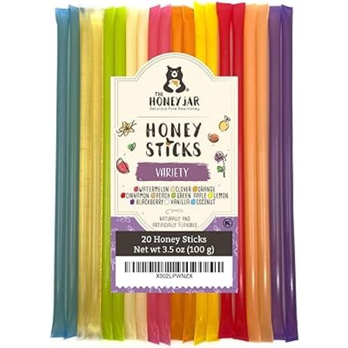 The Honey Jar Variety Pack Honey Sticks - Pure Honey Straws For Tea, Coffee, or a Healthy Treat - One Teaspoon of Flavored Honey Per Stick - Made In The USA with Real Honey - (20 Count)