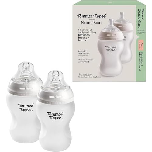 Tommee Tippee Silicone Coated Glass Baby Bottles, Anti-Colic, 0m+, 9oz