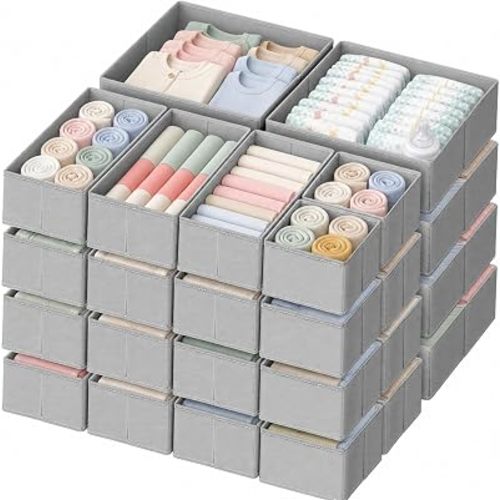 Criusia Drawer Organizer Clothes, 24 Pack Dresser Organizer for Baby Clothes, Underwear, Sock- Foldable Closet Organization and Storage Dividers Bins for Nursery, Bedroom and Dorm (Grey)
