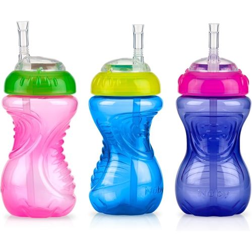 Nuby No-Spill Soft Straw Easy Grip Sippy Cup for Girls - (3-Pack) 10 Oz - 12+ Months