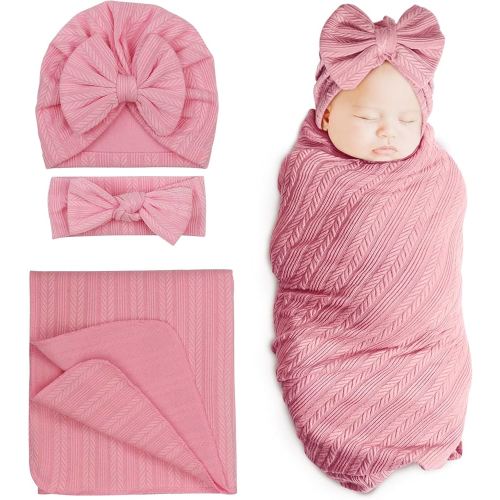 DRESHOW BQUBO Newborn Receiving Blanket Toddler Warm for Girls with Bow Hat and Bow Headband Shower Gift
