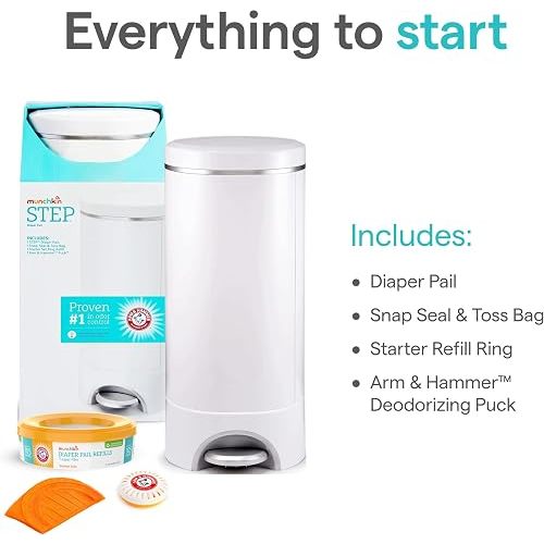 Munchkin® STEP™ Diaper Pail Powered by Arm & Hammer, #1 in Odor Control, Award-Winning, Includes 1 Snap, Seal & Toss™ Bag, 1 Starter Refill Ring, and 1 PUCK™ Baking Soda Cartridge