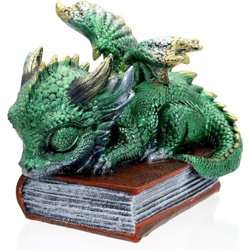 Mini Green Dragon Figurine – Fantasy Dragon Statue Sleeping on Book – Cute Desk & Bookshelf Décor – Inspirational Gift for Women, Men & Friends