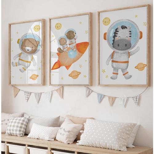 Space Nursery Set of 3 Prints, Printable Watercolor Animal Astronaut Posters, Outer Space Playroom Decor, Boy Room Planets 3 Pieces Wall Art