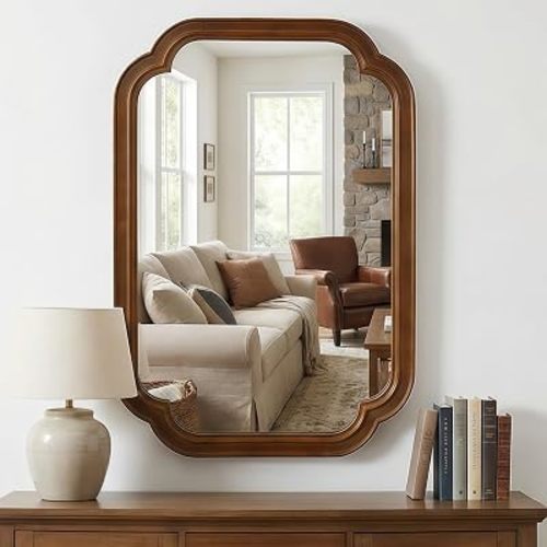 Black Walnut Color Solid Wood Frame Rounded Corner Wall Mirror 20" W x 1" D x 30" H for Bathroom Bedroom Living Room