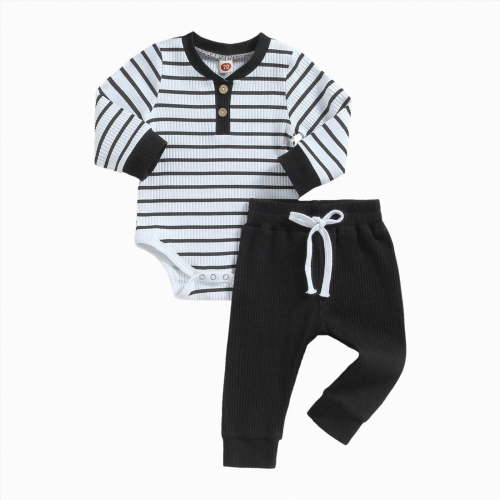 TAmten 3 Month Baby Boy Clothes Fall Winter Toddler Baby Boy Outfit Stripe Waffle Knit Long Sleeve Sweatshirt Pullover Tops and Pants Set(Black,0-3 Months)