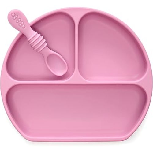 PrimaStella Silicone Baby & Toddler Suction Plate and Spoon Feeding Set - Plum