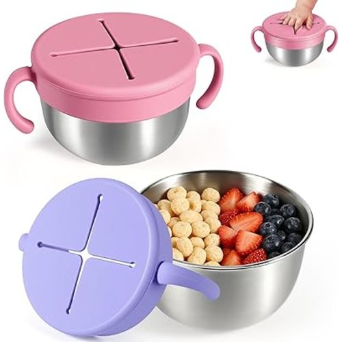 Snack Cups, 2 Pack Stainless Steel Toddler Snack Containers, Spill-Proof Snack Bowls, Silicone Removable Lids & Handles, Food Storage Containers, Dishwasher Safe Snack Container, Baby Shower Gifts