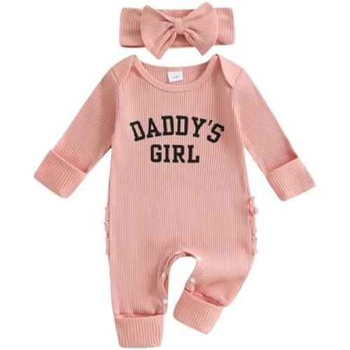 Newborn Infant Baby Girl Jumpsuit Fall Clothes Letter Print Long Sleeve Crew Neck Romper with Headband