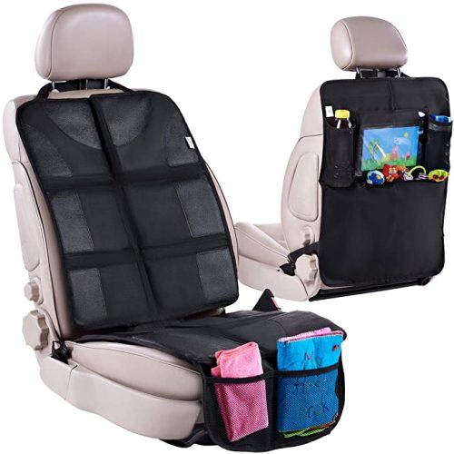 Car Seat Protector + Rear Seat Organizer For Kids - Waterproof & Stain Resistant Protective Backseat Kick Mat W/ Storage Pockets & Tablet Holder - Baby Travel Kickmat & Front / Back Seat Cover Set