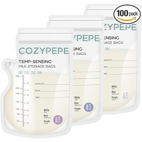 100 Pcs Breastmilk Storage Bags, 8Oz Breast Milk Storing Bag with Pour Spout, Temperature-Sensing Color Change Milk Bag for Convenient Breastfeeding, No Leak Presterilized for Freezer