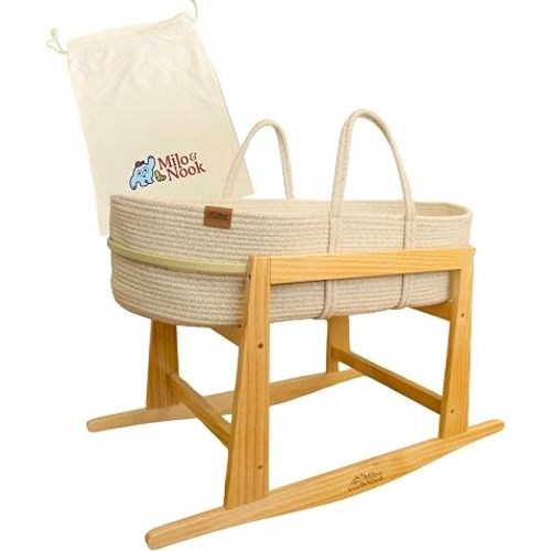 Milo & Nook Baby Changing Basket with Pad & Moses Basket Stand – Soft Cotton Nursery Basket, Waterproof Pad & Removable Washable Cover, Complete Changing Station for Newborn
