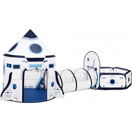 Little Dove Kids Play Tent with Tunnel & Ball Pit, 3-Piece Pop Up Rocket Ship Tent Set, Indoor Outdoor Playhouse for Boys & Girls, Pretend Play Toy with Carry Bag, Birthday Gift