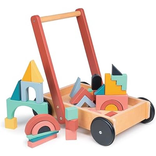 Mentari Toys - Bambino Block Trolley - Colorful Wooden Building Block Tray on Wheels with Handle - Sturdy Push and Pull Toy for Toddlers - Develop Motor Skills and Creativity - Age 18m+