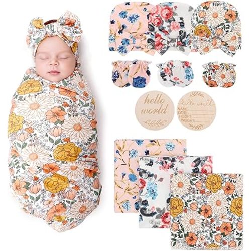 Newborn Receiving Blanket with Bow Hat Mittens Set Nursery Swaddle Wrap Toddler Swaddles for Newborn Baby Boy Girl