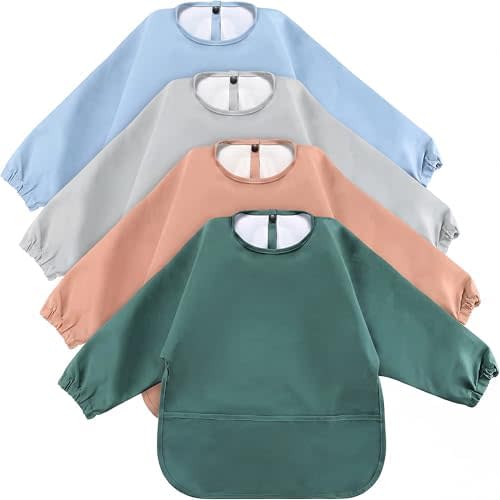 JaGely 4 Pack Long Sleeve Baby Bibs Waterproof Smock Bid with Elastic Cuffs Large Pocket for Baby Eating Feeding 6-36 Months