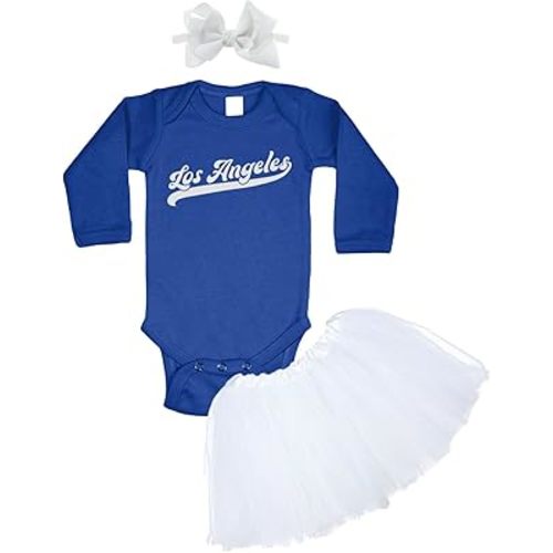 Los Angeles - Baseball Jersey Style Script Baby Bodysuit + Tutu Skirt + Bow Headband Set