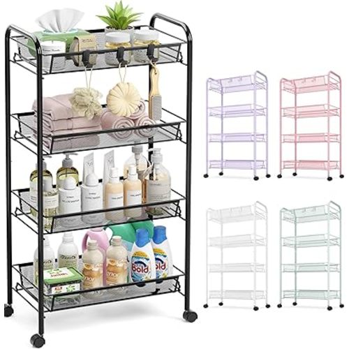 TOOLF 4-Tier Rolling Cart, Metal Utility Cart with 3 Hooks, Easy Assemble Mobile Storage Trolley On Wheels, Metal Shelving Units Kitchen Bathroom Laundry Room