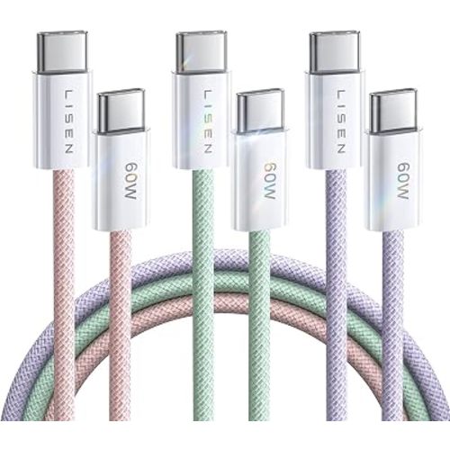 LISEN USB C Cable, 3-Pack [10/10/10FT] USBC to USBC Cable for iPhone 16e 15 Pro Max Charger Cord, 60W (3.1A) C to C Cable Fast Charging for Samsung S25/S24/23, Switch 2, iPad, MacBook
