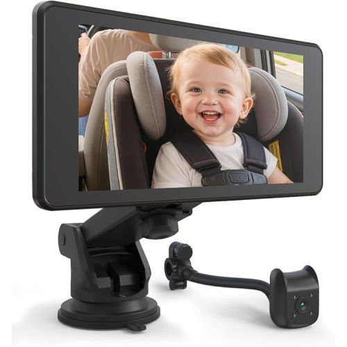 Baby Car Camera Monitor | 5" 1080P IPS Suction Cup Screen - 360° Rotation IR Night Vision 3X Zoom - USB Powered for Rear Facing