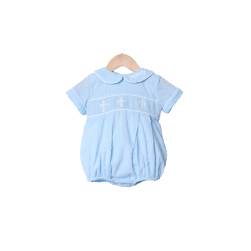 Smocked Cross Blue Swiss Dot Bubble