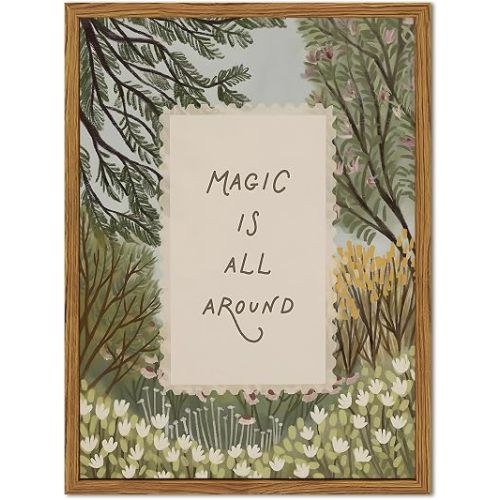 Framed Nursery Wall Art, Motivational Quote Magic Is All Around Pictures Wall Decor, Cottagecore Floral Paintings Canvas Prints Home Decor Aesthetic for Kids Baby Bedroom Living Room 12x16 inch