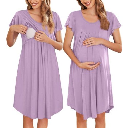 Ekouaer Nursing Nightown Labor and Delivery Gown for Hospital Pleated Breastfeeding Dress Short Sleeve Maternity Sleepwear