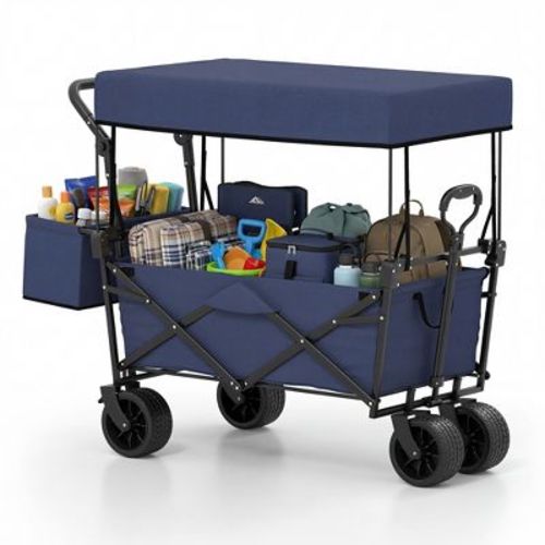 Costway Folding Utility Wagon with Detachable Canopy, Collapsible Garden Cart with Adjustable Push & Pull Handles Blue+Black