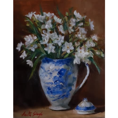 Daffodils in an antique dutch delft vase, 9×12in oil painting, original