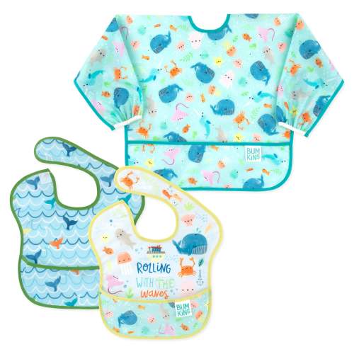 SuperBib® and Sleeved Bib 3-Piece Set: Rolling With The Waves, Whale Tail, Ocean Life