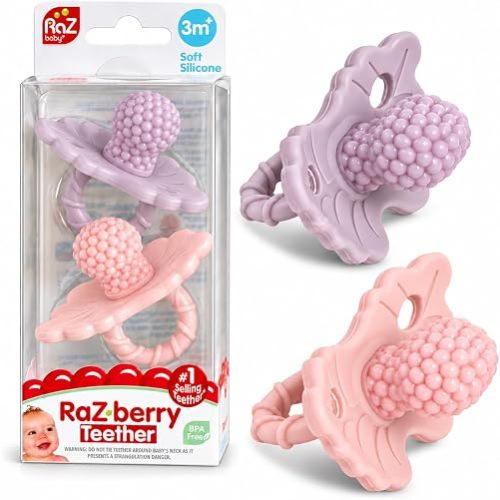 RaZbaby RaZberry Silicone Teether Pacifier – Teething Relief for Infants, Food-Grade, Hands & BPA Free, Natural Berrybumps Fruit Texture for Sensory Development, Freezable, 2-Pack - Lavender & Pink