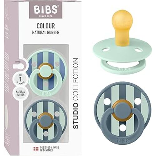 BIBS Pacifiers - Studio 2 Pack | Round Nipple Baby Pacifier | BPA Free Natural Rubber Latex Soother | Made in Denmark | Size 0+ Months | Block Nordic Mint Petrol