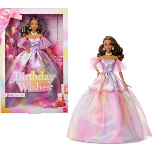 Barbie Signature Birthday Wishes Fashion Doll with Brunette Hair in Dress with Pastel Rainbow Effect